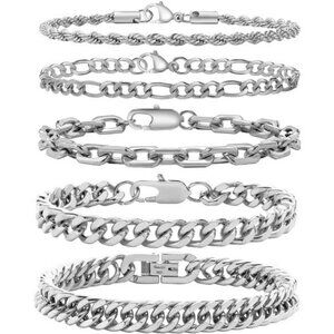 Mens Stainless Steel Chain Bracelet Set Cuban Link Figaro Rope Paperclip